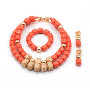 Nigeria Wedding Jewelry Set Imitation Coral Beads Golden Pendant Necklace for Women Resin Material African Bride Accessorise