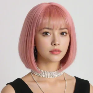 100% Density Short Straight Curly Wave Bob Cut Wig with Bangs - Heat Resistant, Buckle Net Cap, Elegant Style, Synthetic Hair