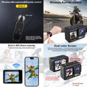 5K 4K60FPS Action Camera Dual IPS Touch LCD EIS 170° DVR 30M Waterproof 5X Zoom Sport Camera With Wireless Mic&Remote Control