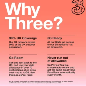 Europe Three 1 Year 12GB Data Prepaid Sim Card，UK Phone Number，Talk & SMS，Free Roaming Europe，No Contract，Can Top Up Yourself