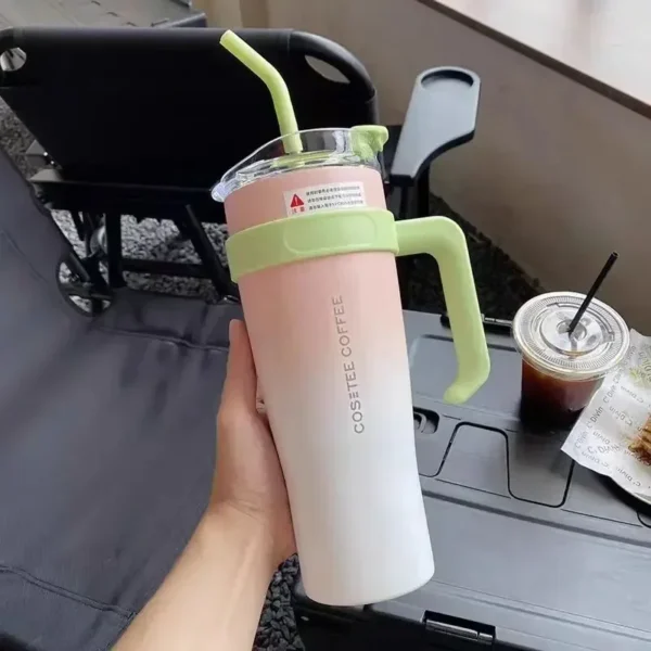 Car-Mounted Dormitory EssentialSam Straw Water Cup Stainless Steel Thermos Cup Large Capacity New Flat Cup Cup with Lid - Image 3