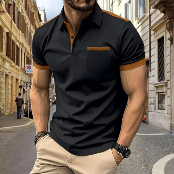 2025 new men's casual POLO shirt chest pocket lapel button stitching color matching T-shirt