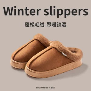 New Fluffy Men's Slippers Winter with Thick Sole for Indoor Anti-Slip and Warmth at Home with Fur Lining for Couples