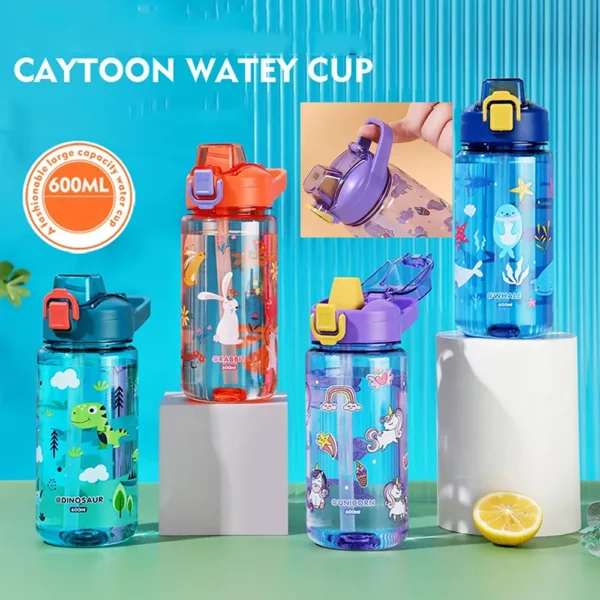 600ML Kids Sippy Cup Water Bottles Children Cartoon Plastic Cup with Straw Toddlers Beverage Kettle Leak-proof Drinking Jug