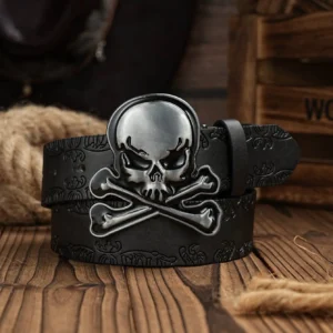 Skull alloy PU leather belt for men