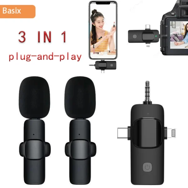 Basix 3-in-1 Mini Lavalier Microphone Outdoor Portable Live Streaming Shooting Interview Mini Multifunction Wireless Microphone