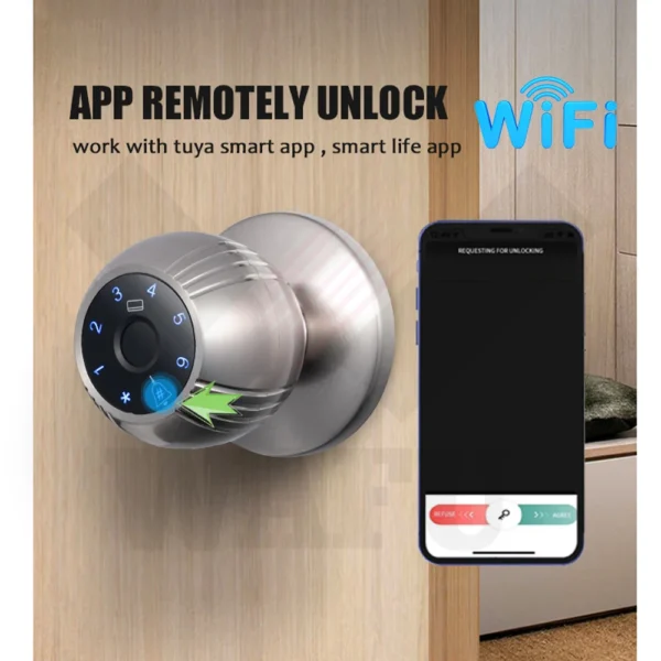 WAFU TUYA Smart Door Knob Lock Biometric Fingerprint Digital RFID Electronic Round Door Lock Keyless Entry Indoor Security Lock - Image 2