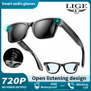 LIGE Camera Smart Music Glasses Make Receive Call Bluetooth Headset Recording Photo Recognition Anti Blue Light UV Sunglasses