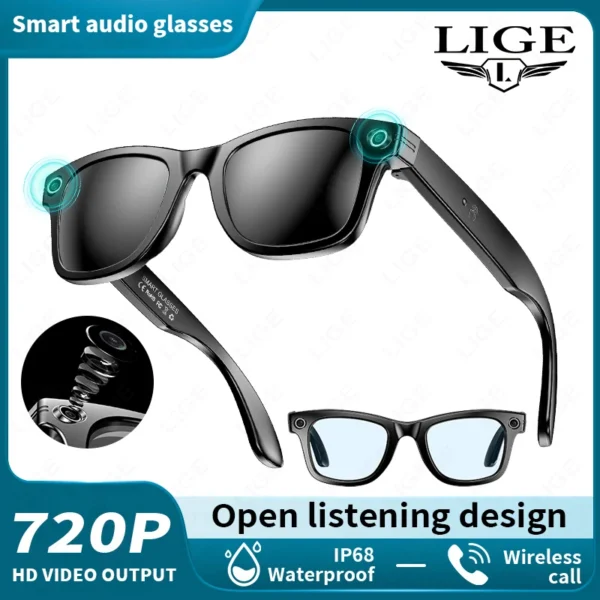 LIGE Camera Smart Music Glasses Make Receive Call Bluetooth Headset Recording Photo Recognition Anti Blue Light UV Sunglasses